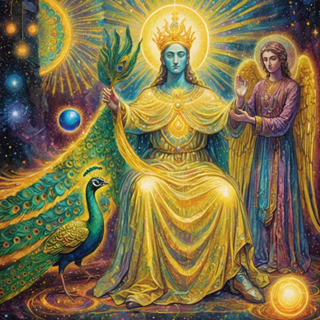Holographic Astral Angel and Peacock Illustration