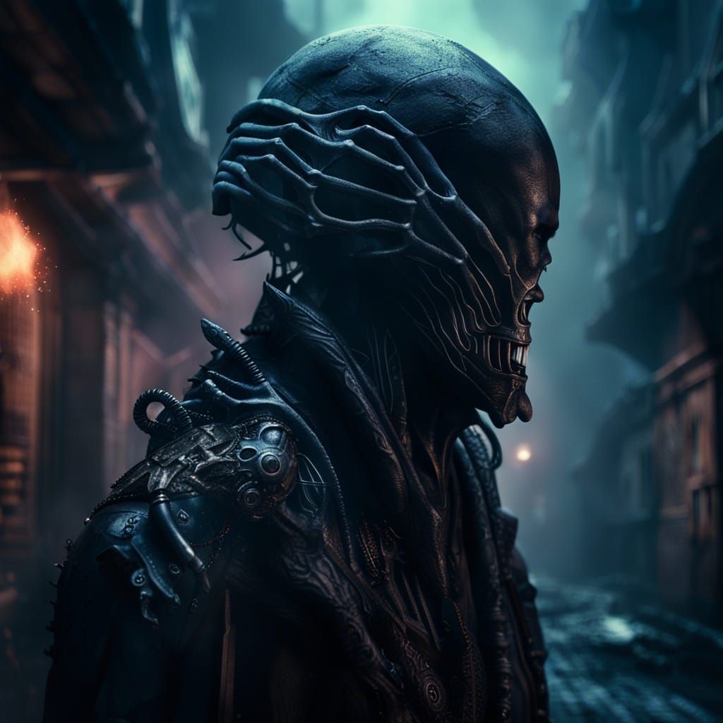 Fugitive Alien Space Pirate in Dystopian Alleyway