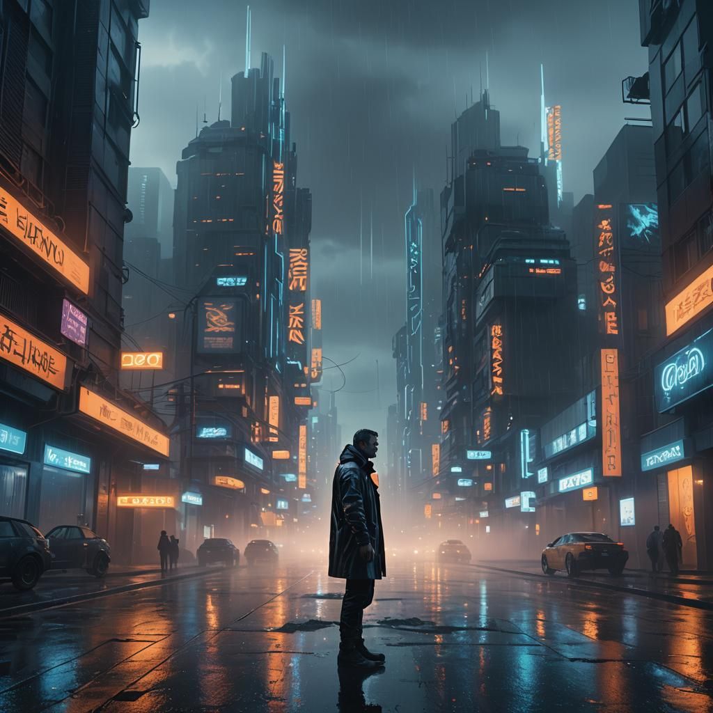Replicant in Foggy City, Syd Mead-Inspired Cyberpunk Art