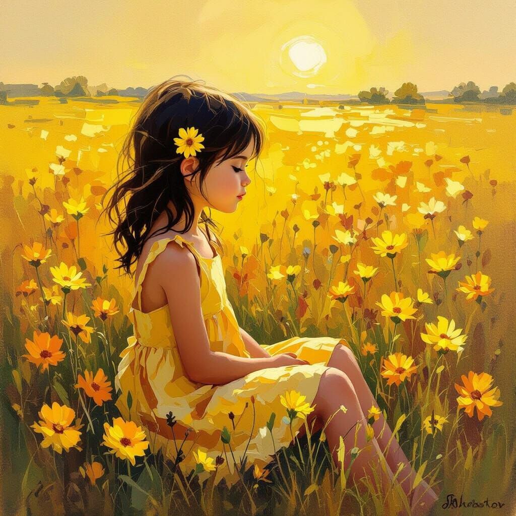 Girl in Yellow Dress in Sunlit Wildflower Field