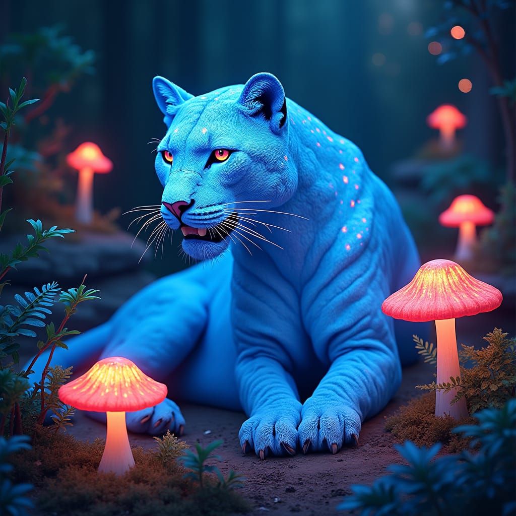 Electric Blue Panther in Bioluminescent Mushroom Forest