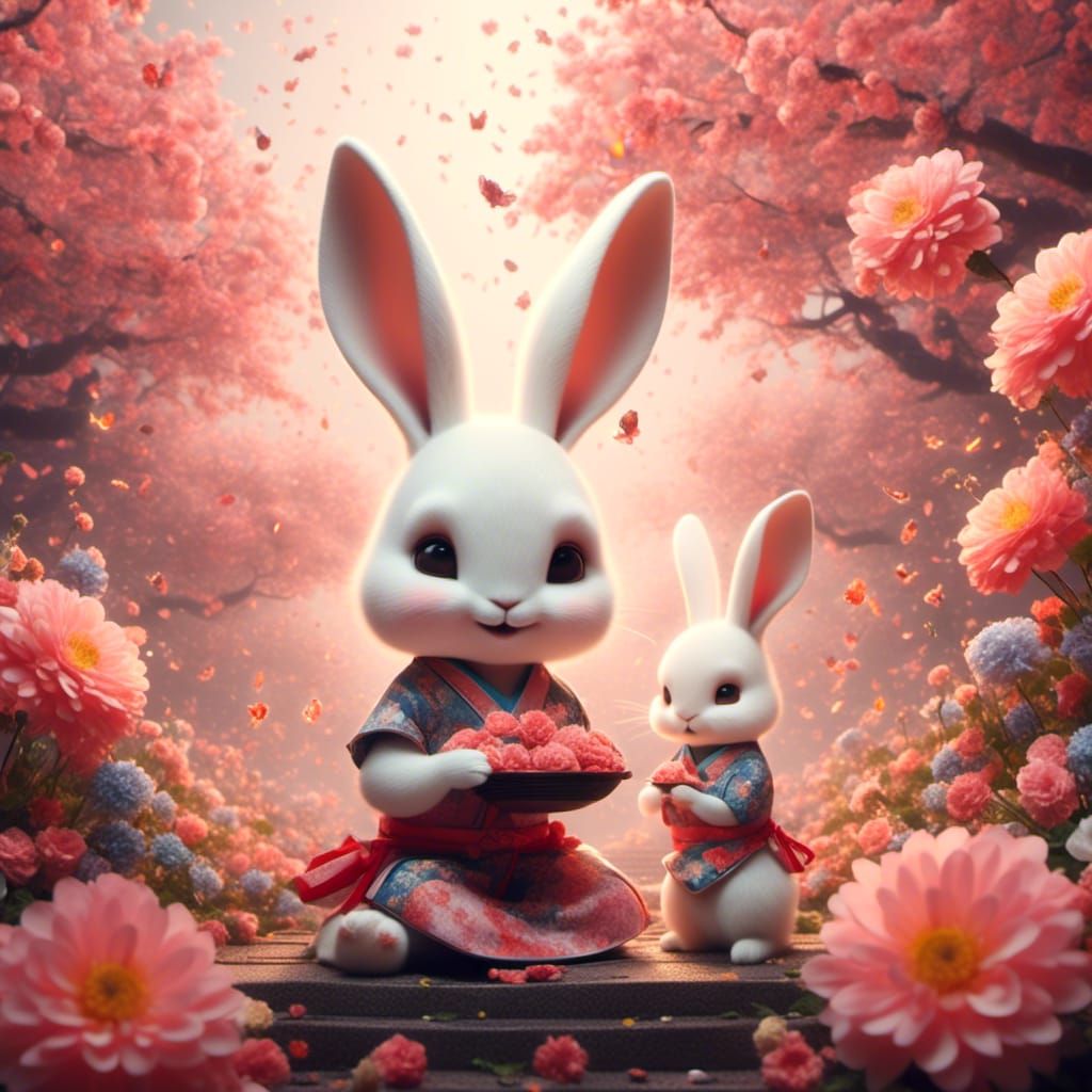 <lora:Kyoot:1.0> Cute baby bunnies eating flowers Ukiyo-e sy...