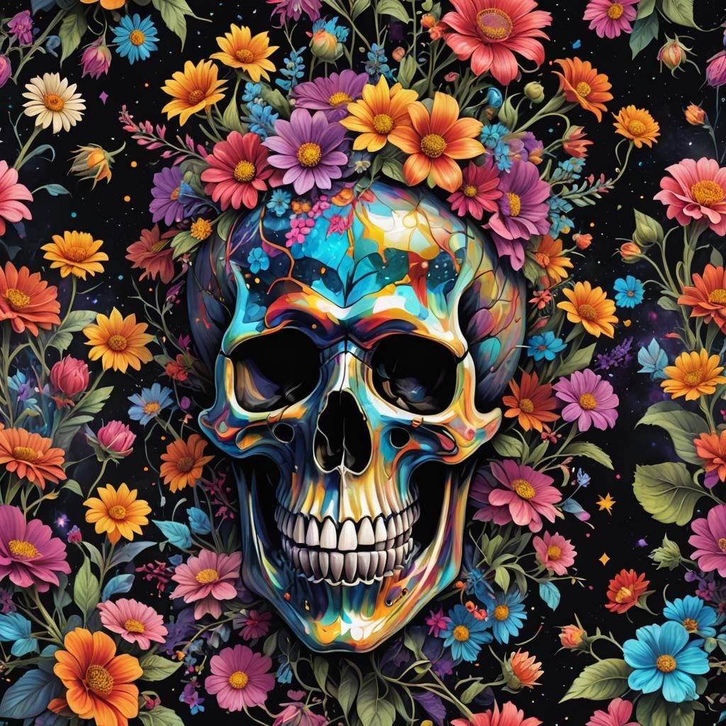 Skull with Colorful Flowers: Holographic Astral Illustration