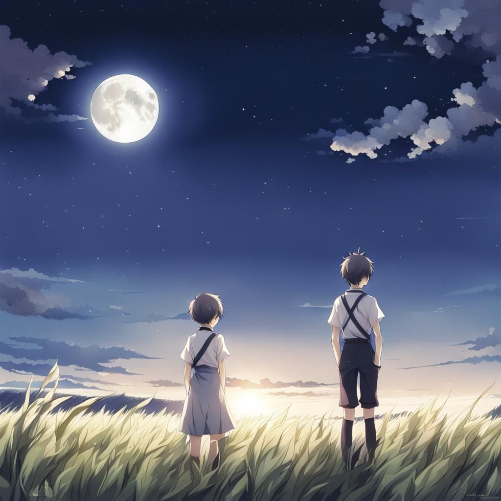 Boy in Field Under Moon in Anime Style