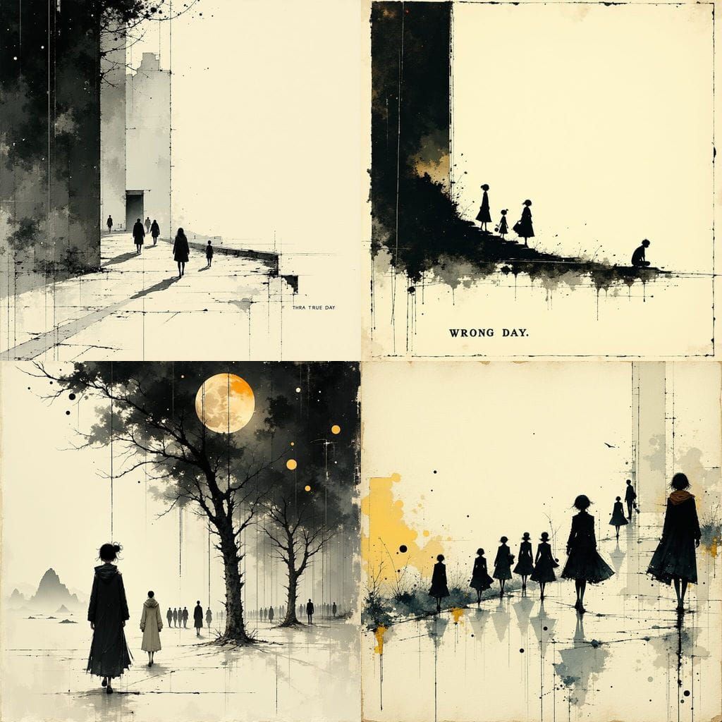 Sketched Black and White People Walking Up Screen