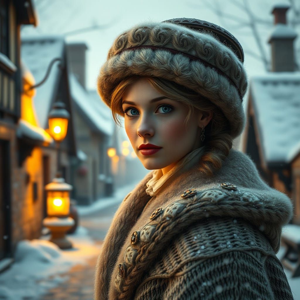 Victorian Lady in Snowy English Village