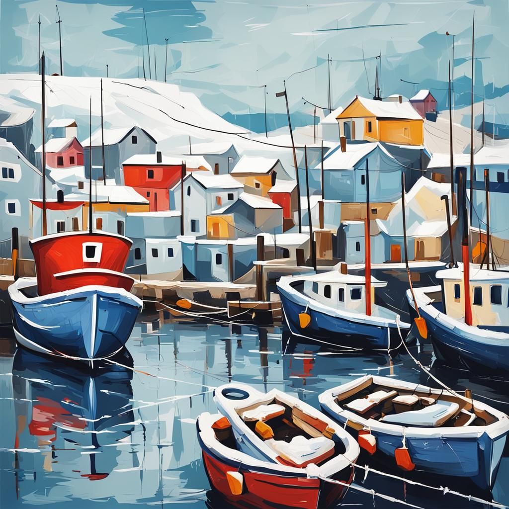 Frozen Seaside Fishing Port in Abstract Winter Art