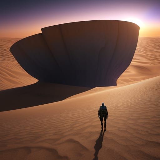 Alien Desert Landscape with Dual Suns and Stoic Figure