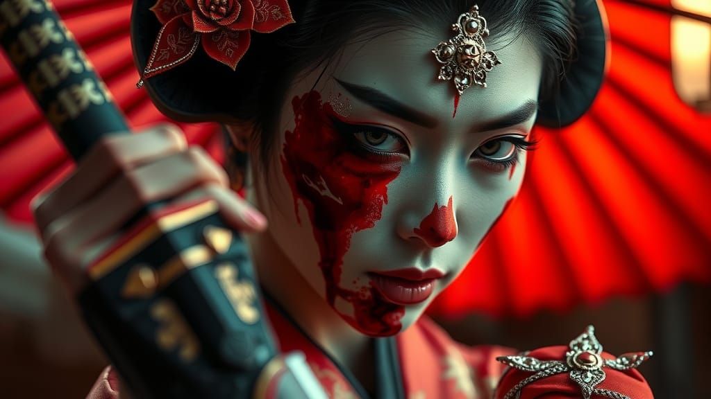 Geisha Prepares for Battle: Dramatic Photography