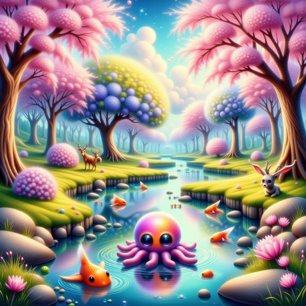 Whimsical Japanese Forest Scene with Spider-Octopi and Local...