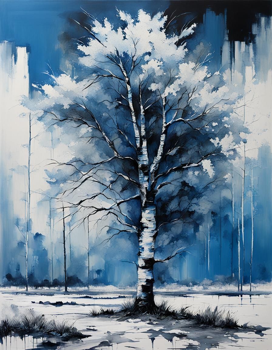 Melancholic Birch Tree in Dystopian Landscape
