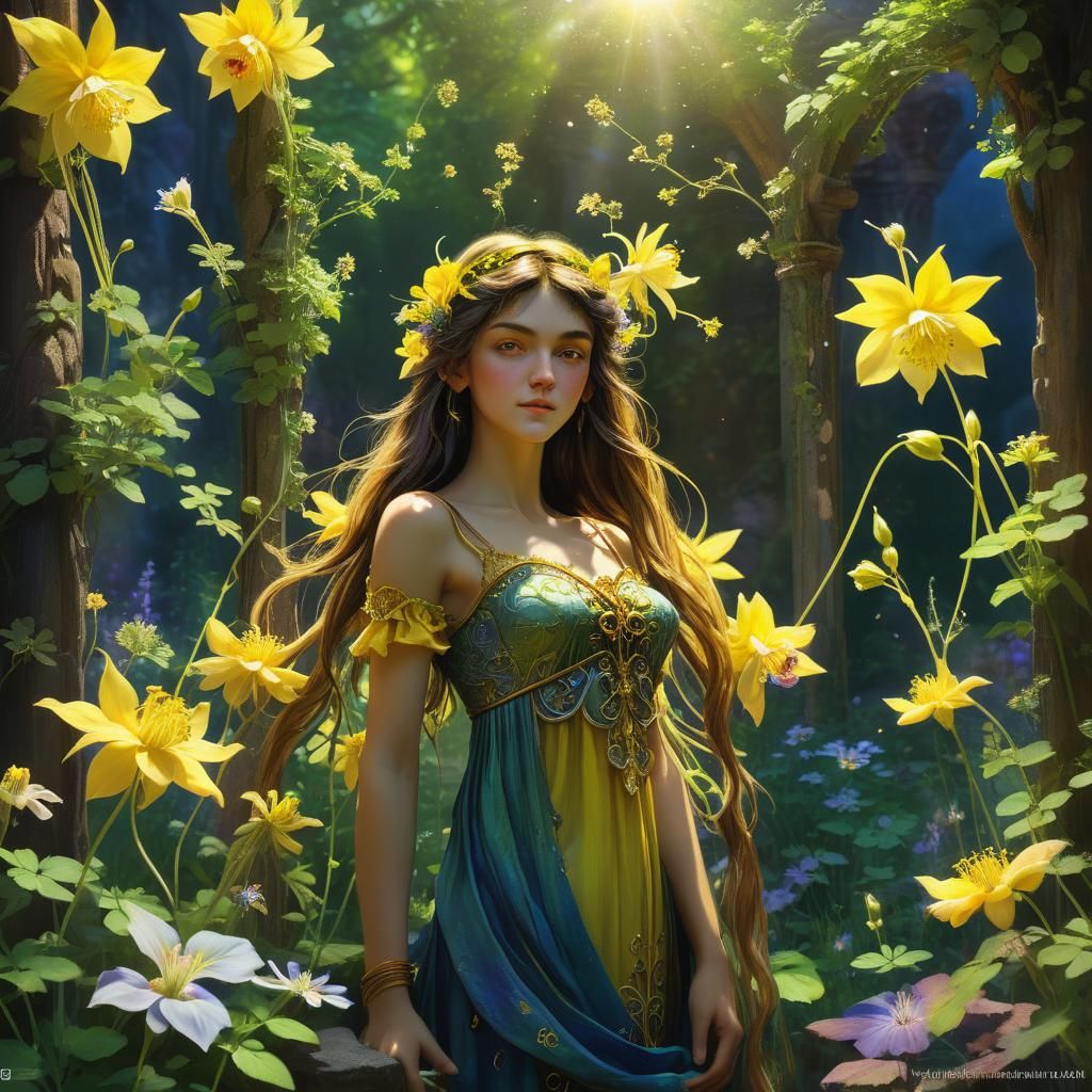 Yellow Columbine in Summer Sun: Fantasy Art