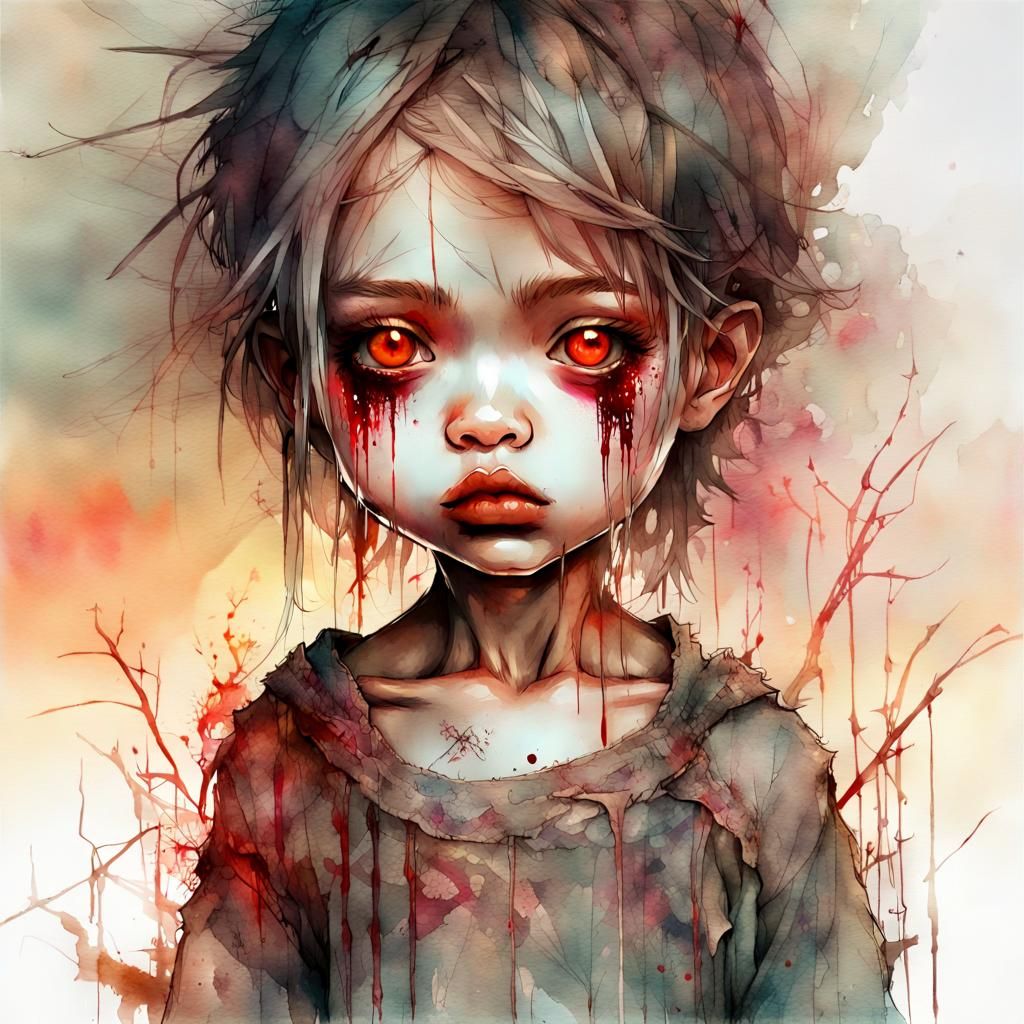 Cute Chibi Zombie in Watercolor Style