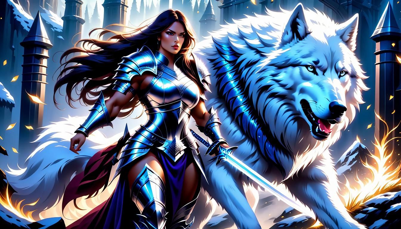 Powerful Warrior Woman with Wolf Protector