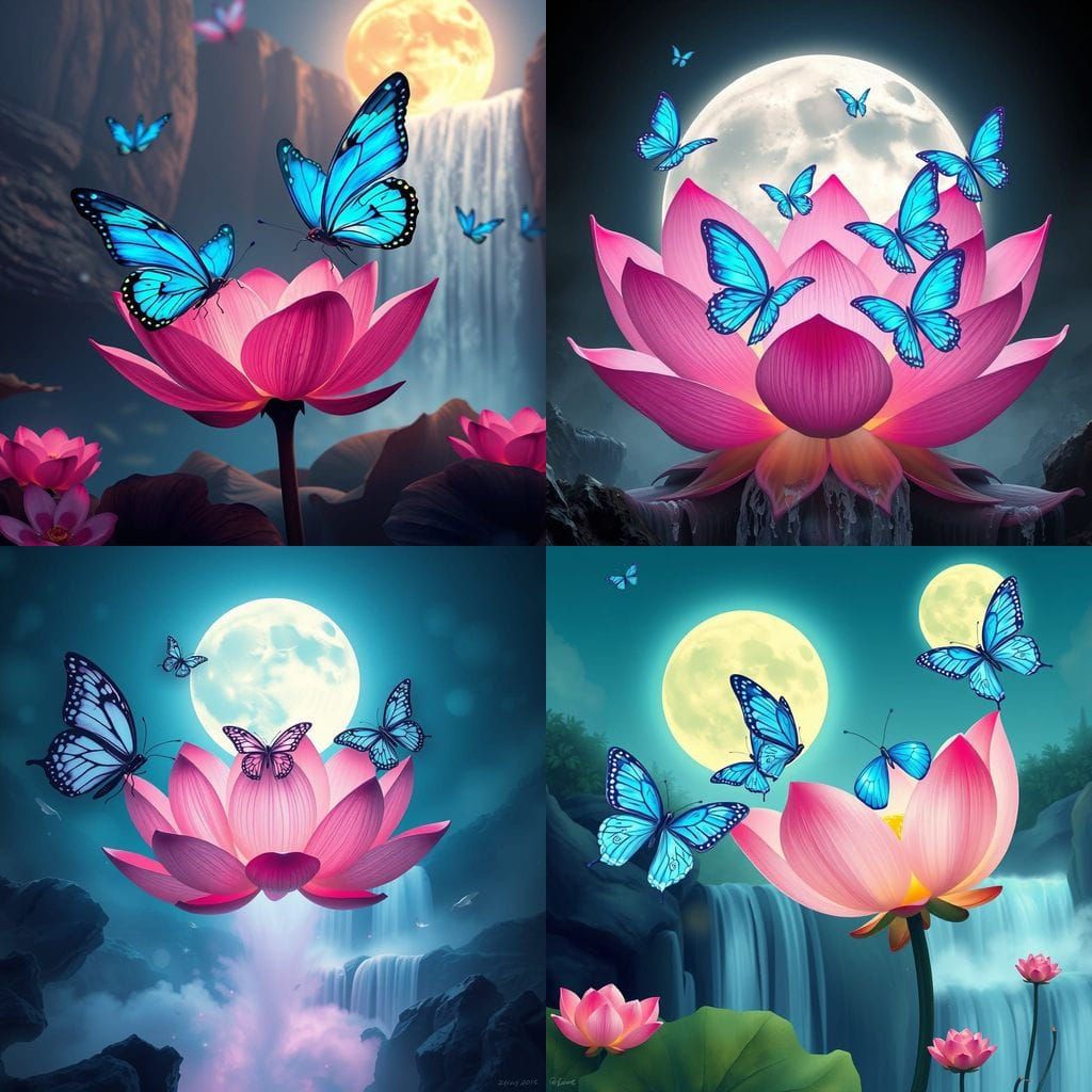 Ethereal Blue Butterflies Dance Around a Radiant Pink Lotus