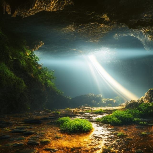 Sunlit Underground Cave with Fireflies, Digital Painting