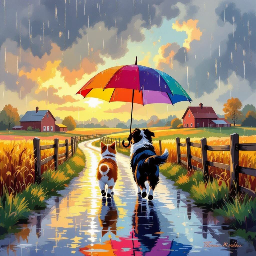 Dog and Cat Share Umbrella in Thomas Kinkade Style