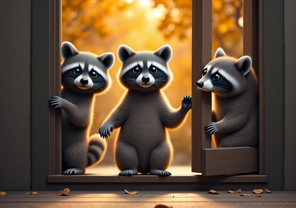 Raccoons at Screen Door in Painterly Realism