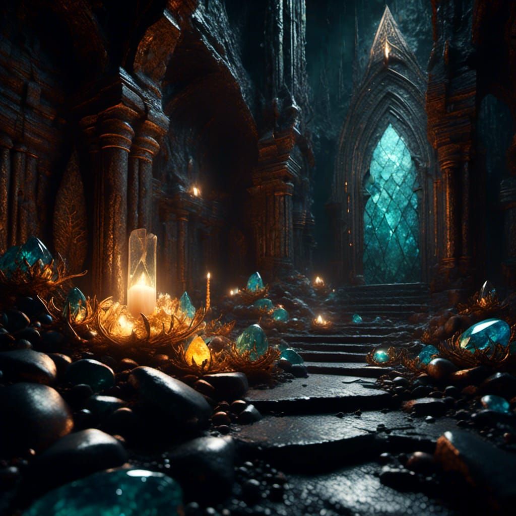 Glowing Elven Gemstones in the Darkness: Fantasy Art