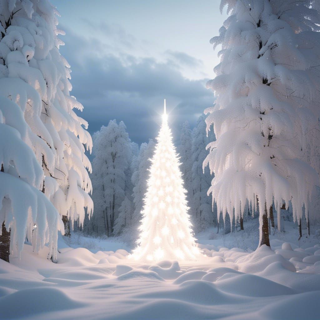 Icy White Christmas Tree in Snowy Forest
