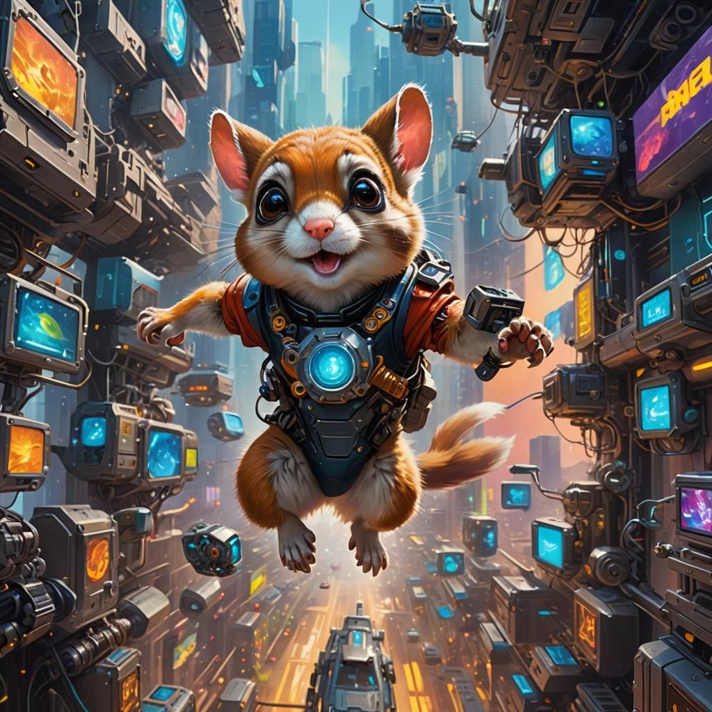 Cyborg Flying Squirrel in a Futuristic Oil Painting
