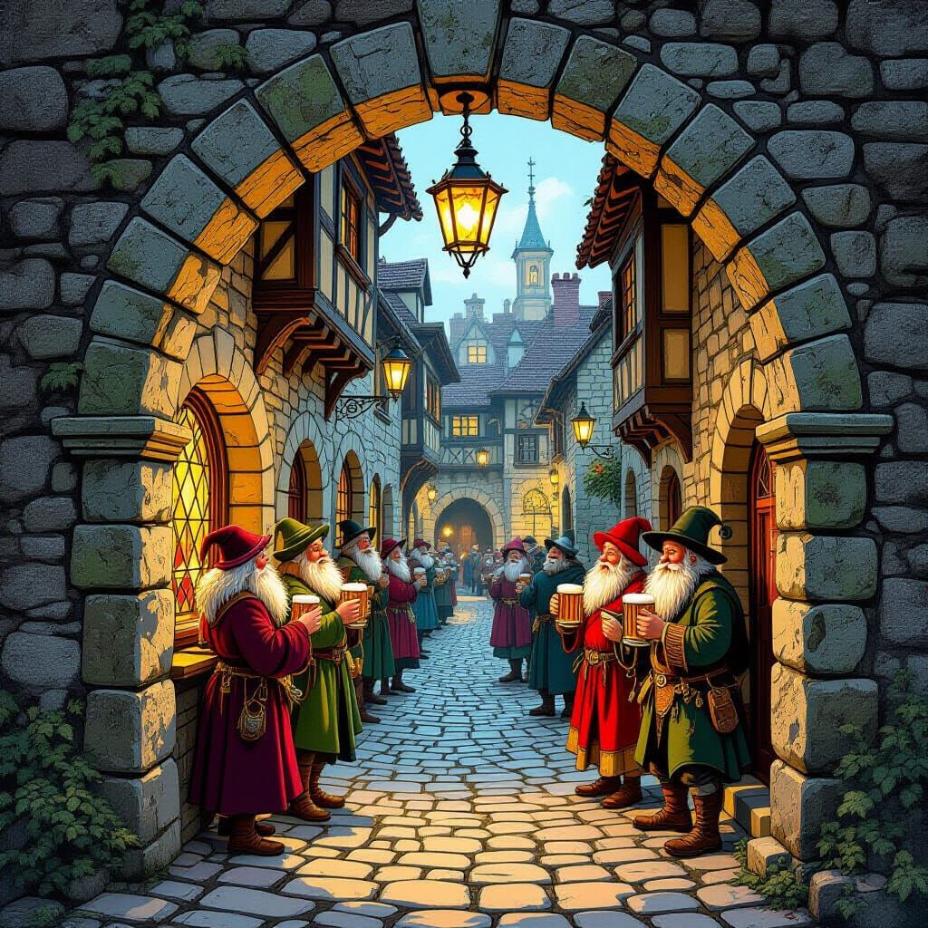 Medieval Tavern Archway with Caricatured Patrons in Stained ...