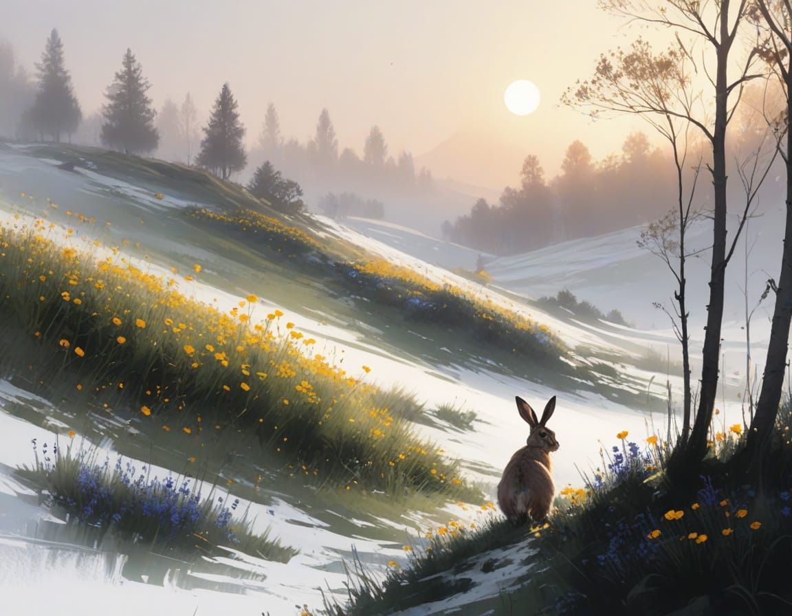 Hare in Spring Meadow: Watercolour Painting