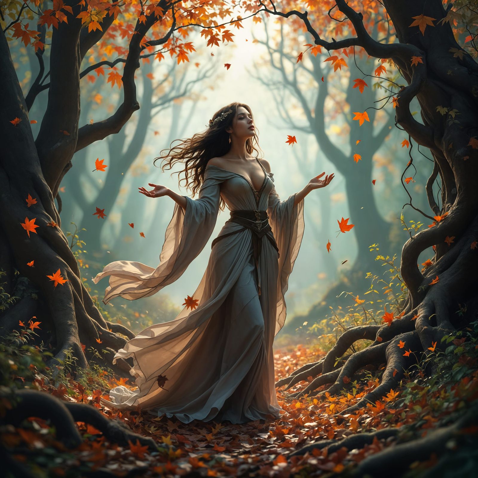 Dreamy Autumn Scene with Falling Leaves