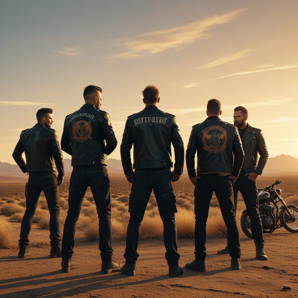 Biker Gang in Desert Landscape as Grungy Oil Painting