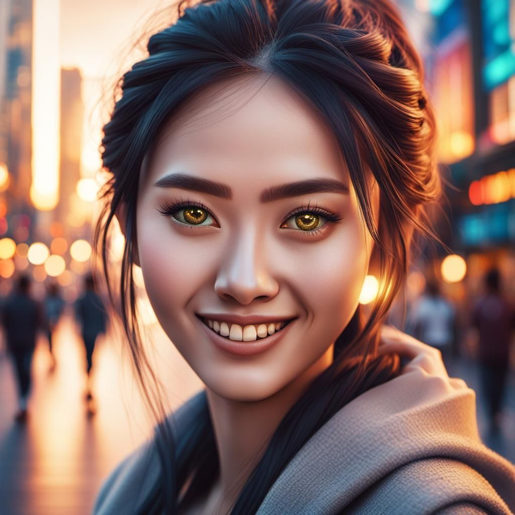 Fantasy Portrait of Smiling Girl in Modern City