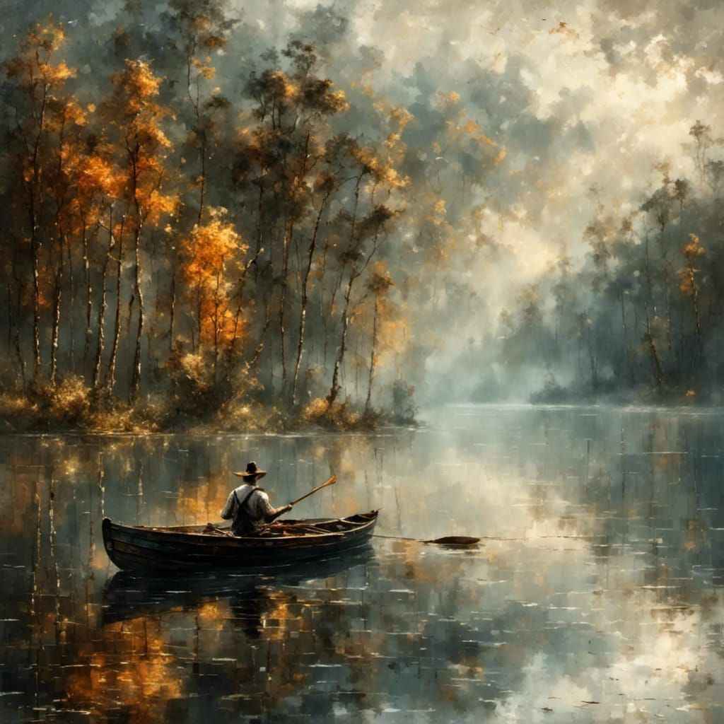 Eerie Tropical Lake Painting of Man in Rowboat