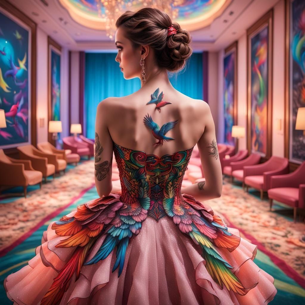 Brunette in Crimson Dress with Rainbow Bird Tattoo