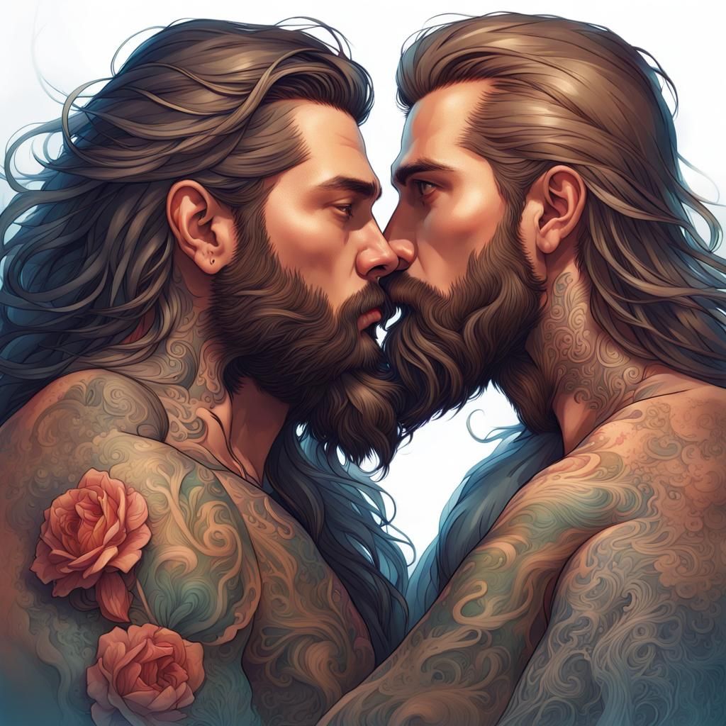 Tattoo Design: Kissing Bearded Men in Art Nouveau Style