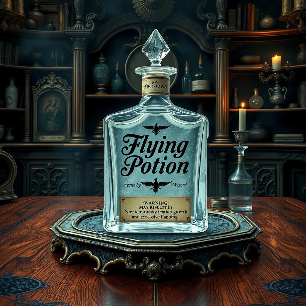 Mystical Apothecary Scene with Flying Potion