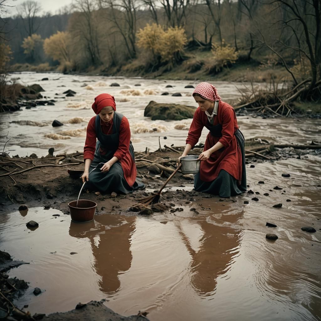 Dramatic Film Still of Woman Cleaning Riverbank