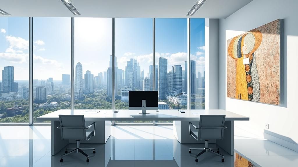 Minimalist Tech Office with Klimt Art in 8K