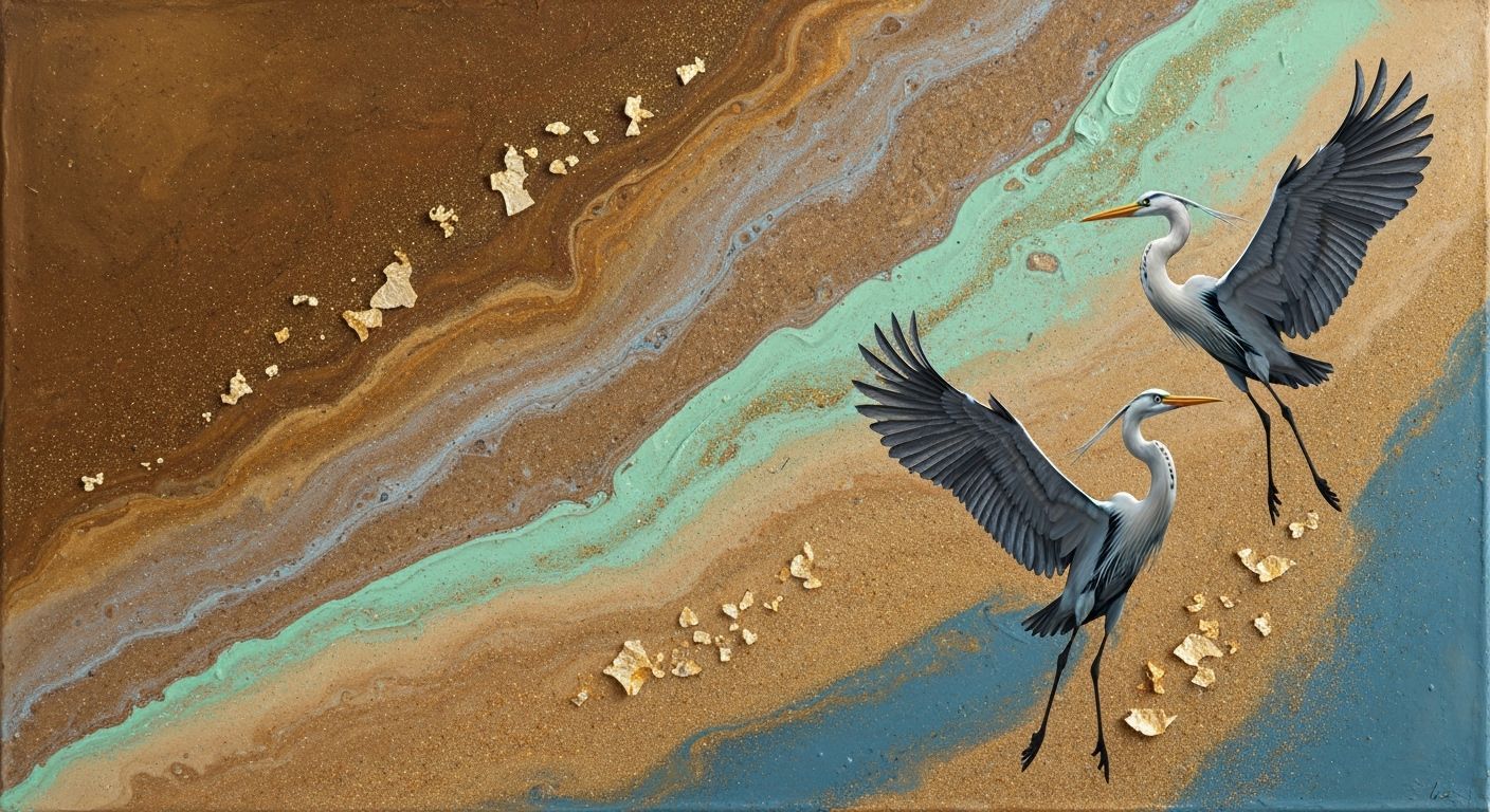 Abstract Fluid Art with Golden Herons in Mixed Media