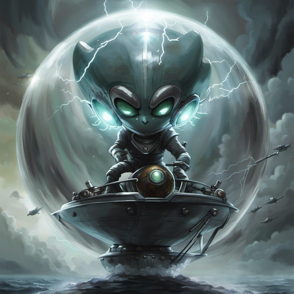 Alien Pilot Commands Crystal Orb Ship in Storm