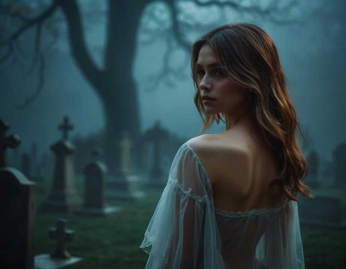 Ethereal Woman in Misty Cemetery