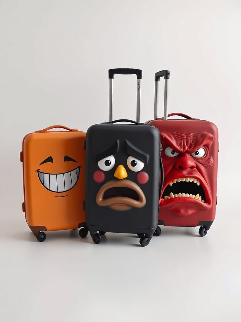 Emotional Suitcases Expressing Happiness, Sadness, and Anger