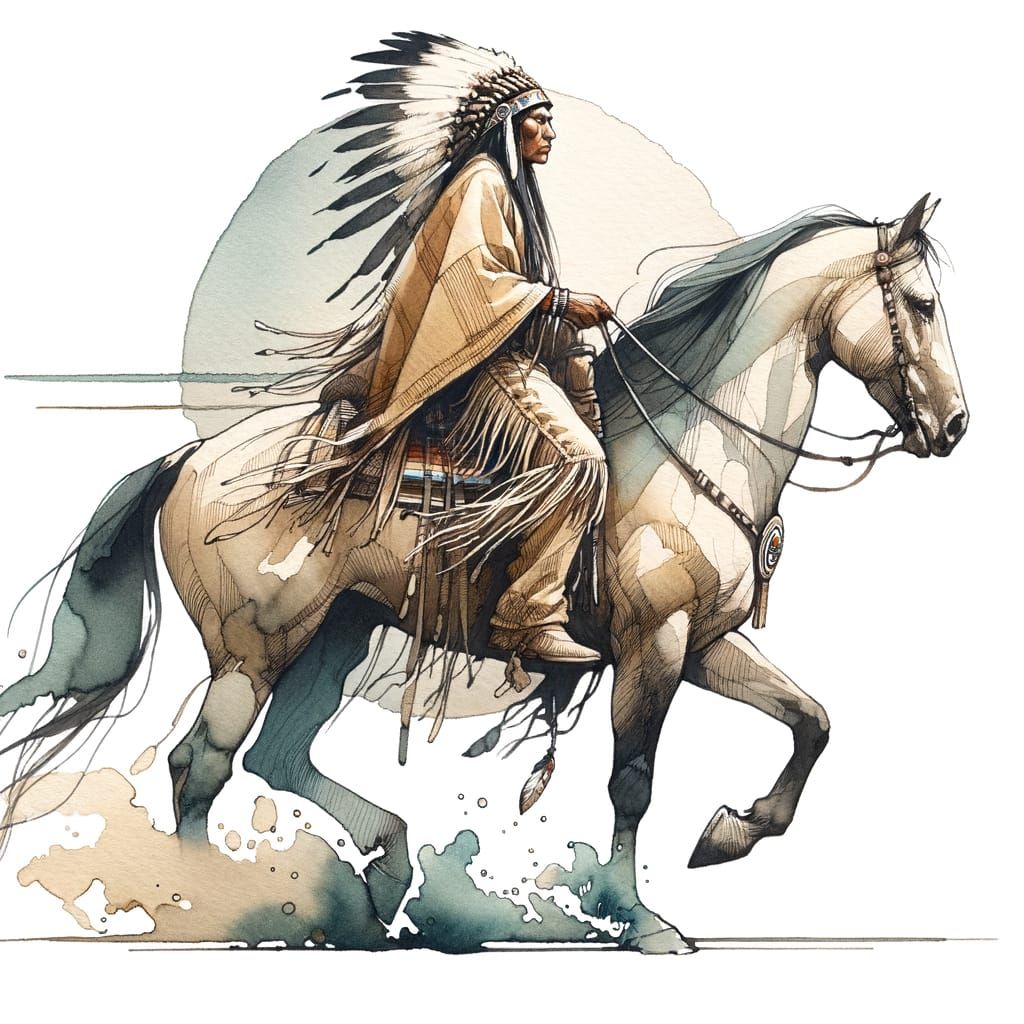 Native American Noble on Horseback in Watercolor Art