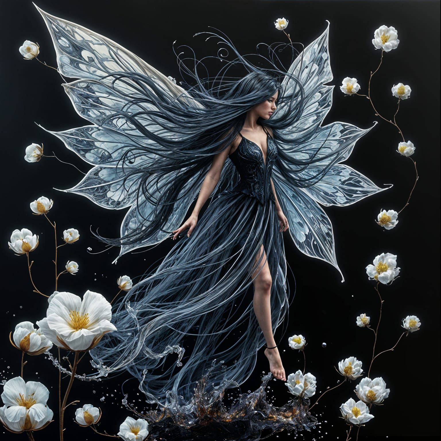 Enchanting Fairy in Crystal Wings with Whirling Hair