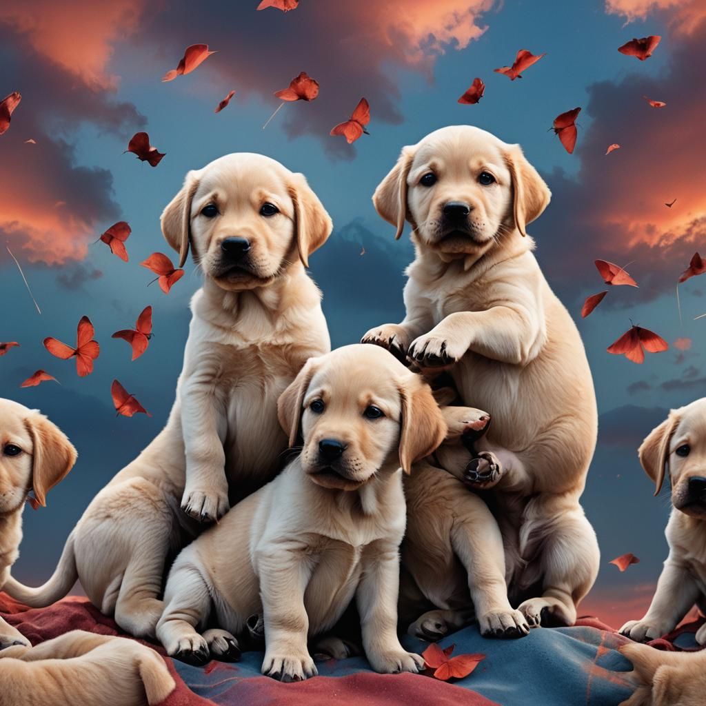 Labrador Puppies Double Exposure Sunset