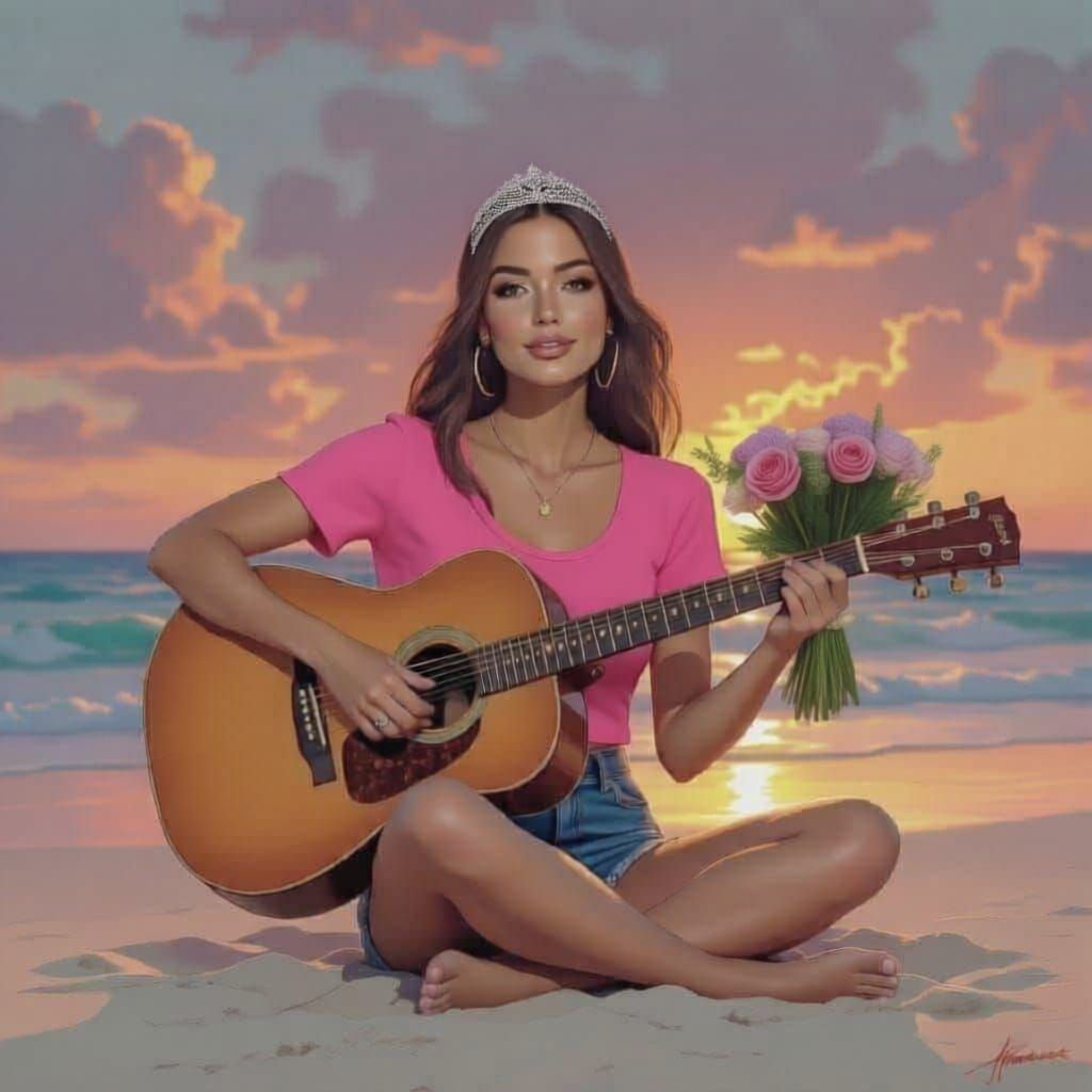 80s Brunette Plays Guitar on Beach