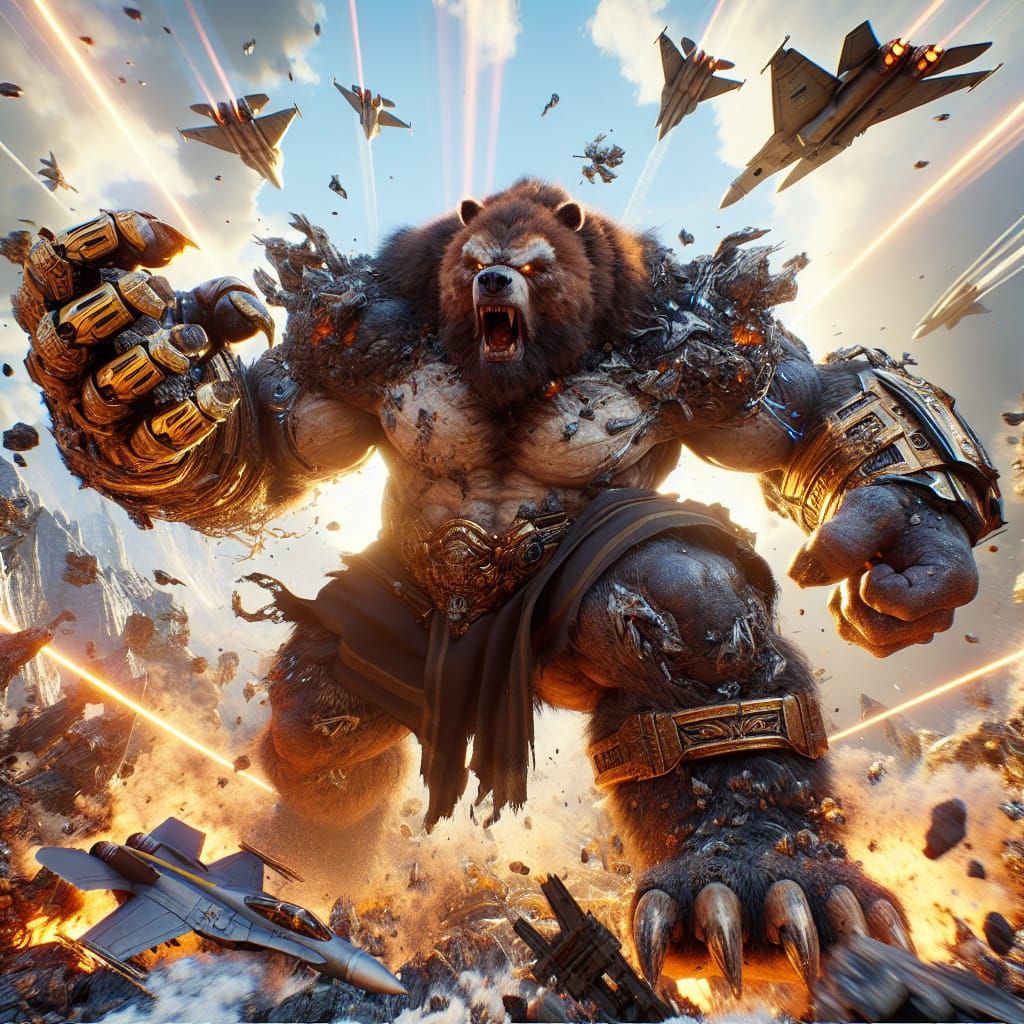 Enormous Werebear Crushing Jets in Fantasy Concept Art