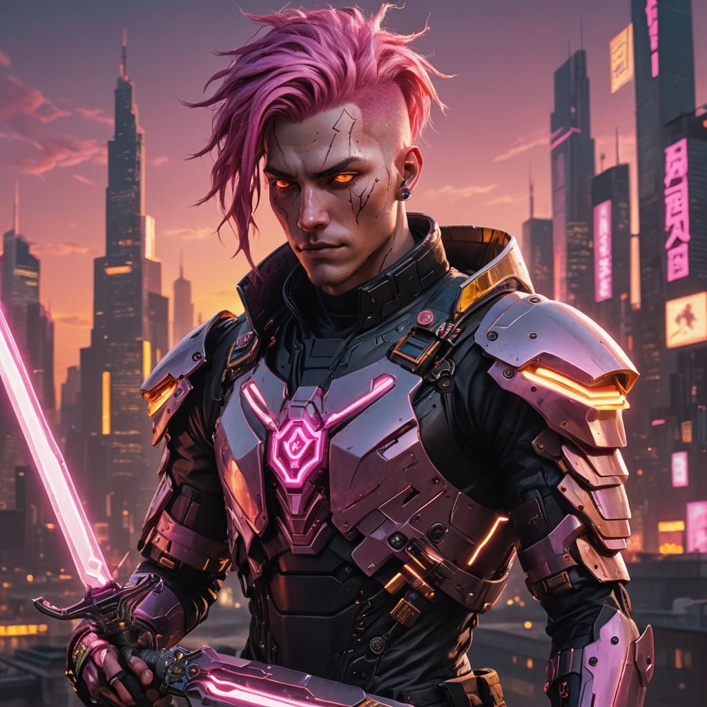 Cyberpunk Hacker Portrait with Glowing Sword