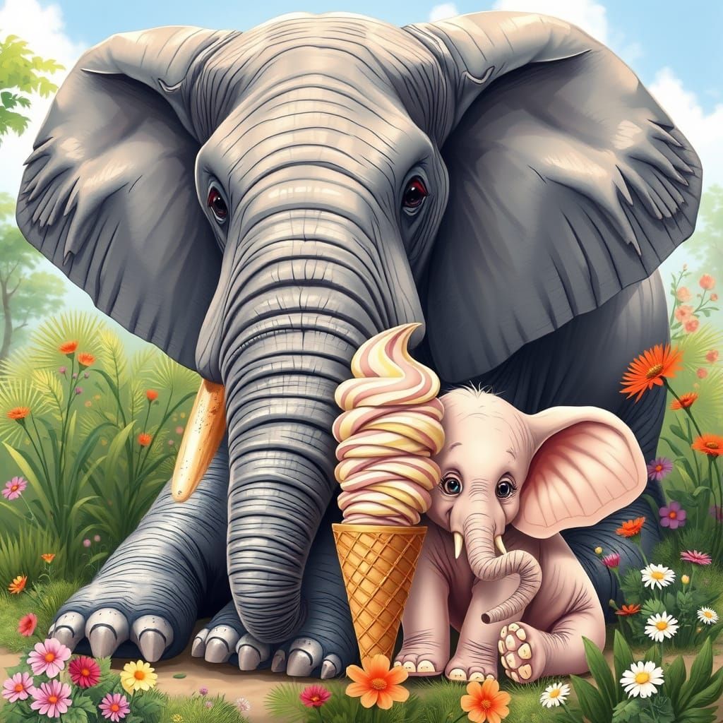 Realistic Elephants Enjoying Ice Cream in a Lush Green Setti...