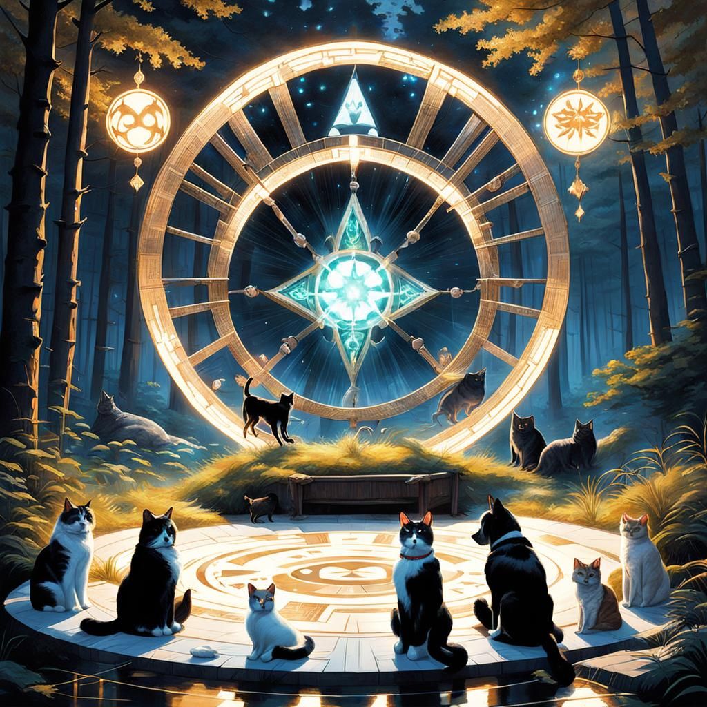 Cats and Dogs Conjuring Magic in Forest Night