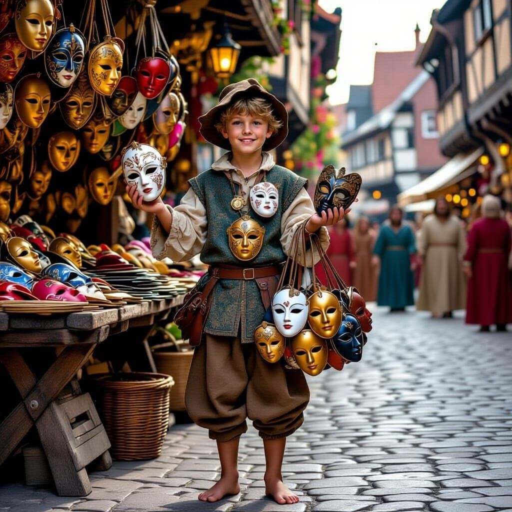 Medieval Boy Sells Masks on Cobblestone Street