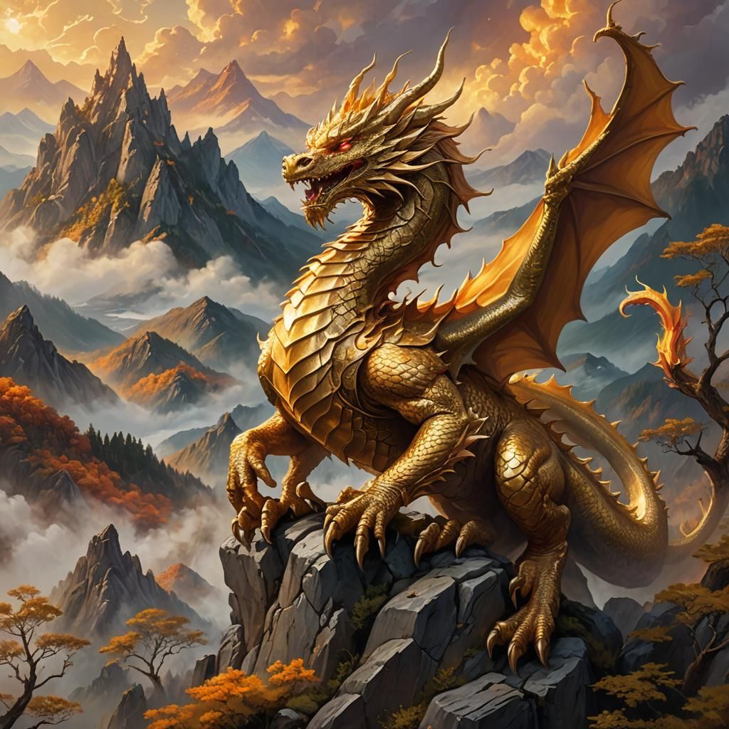Golden Dragon on Mystical Peak in Oil Painting Style